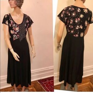 Vintage 70's black crepe dress with patchwork floral bodice